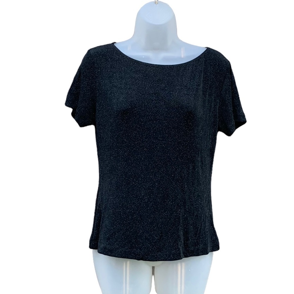 NATORI Black‎ Label Vintage Black Sparkle Short Sleeve Stretch Top sz M